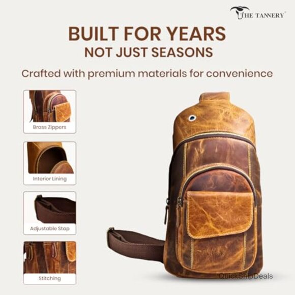 Buffalo Leather Travel Hiking Crossbody Chest Backpack Adjustable Strap